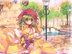 Rule 34 | 1girl, alternate color, apple, bad id, bad pixiv id, basket, blush, bonnet, bow, bridge, closed mouth, commentary request, cowboy shot, cross, day, dress, food, fruit, grapes, green hair, hair bow, headdress, high priest (ragnarok online), hizukiryou, holding, holding basket, juliet sleeves, lamppost, long sleeves, looking at viewer, medium hair, outdoors, puffy sleeves, ragnarok online, red apple, red bow, sash, smile, solo, streamers, tree, two-tone dress, water, white dress, white sash, wind, yellow dress, yellow eyes