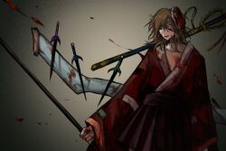 Rule 34 | 1other, ametsukana yago, androgynous, bandage over one eye, black hakama, blood, blood on chest, blood on clothes, blood on face, blood on hands, brown hair, chinese commentary, commentary request, cowboy shot, hakama, hakama short skirt, hakama skirt, highres, holding, hyottoko mask, japanese clothes, kimono, len&#039;en, long sleeves, mask, mask on head, medium hair, mxx33, open mouth, other focus, red eyes, red kimono, skirt, smile, solo, wide sleeves