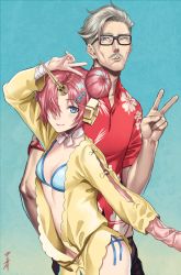 Rule 34 | 1boy, 1girl, arm up, bad id, bad pixiv id, bandaged arm, bandages, bikini, black-framed eyewear, blue background, blue bikini, blue eyes, breasts, choker, cleavage, closed mouth, collarbone, facial hair, fate/grand order, fate (series), frankenstein&#039;s monster (fate), frankenstein&#039;s monster (swimsuit saber) (fate), frankenstein&#039;s monster (swimsuit saber) (first ascension) (fate), glasses, gradient background, hair bun, hair ornament, hair over one eye, hawaiian shirt, highres, horns, jacket, james moriarty (archer) (fate), long sleeves, looking at viewer, mustache, one eye closed, open clothes, open jacket, parted lips, pink hair, red shirt, ribbon, ribbon choker, shirt, short hair, short sleeves, side-tie bikini bottom, silver hair, single hair bun, single horn, small breasts, smile, sora yoshitake yuda, swimsuit, v, white ribbon, yellow jacket