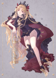 Rule 34 | 1girl, artist name, asymmetrical legwear, black dress, black headwear, blonde hair, cage, cape, dress, earrings, elbow rest, ereshkigal (fate), fate/grand order, fate (series), full body, gold footwear, hair ribbon, head rest, high heels, highres, holding, holding cage, jewelry, leaning to the side, long hair, looking at viewer, parted lips, red eyes, red ribbon, ribbon, short dress, solo, spread legs, suzuneko-rin, tassel, thighs, tiara, twintails, two side up, uneven legwear, very long hair