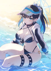 Rule 34 | 1girl, alternate costume, beach, bikini, black choker, black hair, blue archive, blue eyes, blue hair, breasts, choker, colored inner hair, cropped jacket, halo, highres, large breasts, matsumoto tomoyohi, multicolored hair, navel, open mouth, ponytail, saori (blue archive), sitting, solo, stomach, swimsuit, thigh strap, visor cap