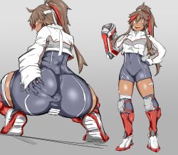 Rule 34 | 1girl, anus, ass, ass focus, ass grab, back, bandaid, bandaid on face, bandaid on leg, blush, bodysuit, breasts, brown eyes, brown hair, curvy, dark-skinned female, dark skin, hand on own hip, headband, high collar, highres, juliette (omega strikers), long hair, looking back, medium breasts, multicolored hair, multiple views, omega strikers, ponytail, cameltoe, shin guards, shiny skin, sidelocks, skin tight, smile, spread anus, squatting, thick thighs, thighs, through clothes, usuyami, very long hair, wide hips