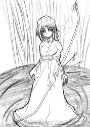 Rule 34 | 1girl, arrow (projectile), bamboo, bamboo forest, bow (weapon), braid, breasts, female focus, forest, frown, graphite (medium), greyscale, hat, head tilt, long hair, looking at viewer, monochrome, nature, nurse cap, outdoors, parted bangs, partially submerged, ripples, sash, skirt, skirt set, solo, standing, touhou, traditional media, very long hair, wading, water, weapon, yagokoro eirin