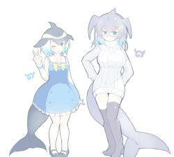 Rule 34 | 10s, 2girls, ;d, absurdres, arms behind back, blue dress, blue eyes, blue hair, blue whale (kemono friends), boots, cetacean tail, commentary, common dolphin (kemono friends), dress, fins, fish tail, glasses, grey footwear, grey hair, hair ornament, hairclip, highres, japari symbol, kanzakietc, kemono friends, looking at viewer, multicolored hair, multiple girls, one eye closed, open mouth, ribbed sweater, sailor dress, simple background, sleeveless, sleeveless dress, smile, sweater, tail, thigh boots, thighhighs, turtleneck, turtleneck sweater, v, white background, white sweater, wristband