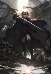 Rule 34 | 1girl, armor, armored dress, black dress, black gloves, black thighhighs, brown eyes, cape, dress, elbow gloves, fate/apocrypha, fate/grand order, fate/stay night, fate (series), female focus, full body, gloves, headphones, highres, jeanne d&#039;arc (fate), jeanne d&#039;arc alter (avenger) (fate), jeanne d&#039;arc alter (avenger) (first ascension) (fate), jeanne d&#039;arc alter (fate), looking at viewer, revision, ruins, ruler (fate/grand order), silver hair, solo, sword, thighhighs, thighs, weapon, zen33n, zettai ryouiki