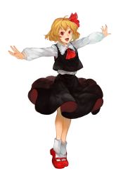 Rule 34 | 1girl, :d, ahoge, ascot, black skirt, black vest, blonde hair, bobby socks, collared shirt, frilled shirt collar, frills, full body, hair ribbon, highres, legs together, long sleeves, looking at viewer, mary janes, nail polish, open mouth, outstretched arms, red ascot, red eyes, red footwear, red nails, red ribbon, ribbon, rumia, shidaccc, shirt, shoes, short hair, simple background, skirt, skirt set, smile, socks, solo, spread arms, standing, touhou, vest, white background, white shirt, white socks, wing collar