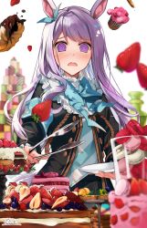 Rule 34 | 1girl, @ @, animal ears, black skirt, blue bow, blue bowtie, blurry, blush, bow, bowtie, cake, commentary request, cowboy shot, d:, depth of field, doughnut, food, fruit, gold trim, highres, hirai yuzuki, holding, holding plate, holding tongs, horse ears, jacket, long hair, mejiro mcqueen (umamusume), nose blush, open mouth, plate, pleated skirt, purple eyes, purple hair, simple background, skirt, solo, strawberry, tongs, umamusume, white background