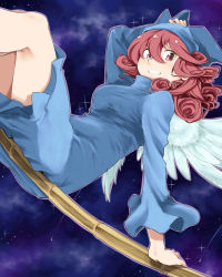 Rule 34 | 1girl, absurdres, angel wings, arm rest, blue hat, blue robe, breasts, broom, comet, duel monster, dutch angle, flying, hand on own head, hat, highres, looking at viewer, medium breasts, night, night sky, red eyes, red hair, robe, sitting, sky, smile, solo, star (sky), starry sky, tahira ureka, wee witch&#039;s appentice, wings, witch, witch hat, yu-gi-oh!