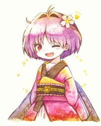 Rule 34 | 1girl, 23 (candy chapus), blush, cherry blossoms, commentary request, flower, hair flower, hair intakes, hair ornament, heart, highres, japanese clothes, kimono, looking at viewer, obi, one eye closed, open mouth, painting (medium), purple hair, purple kimono, red eyes, sash, short hair, simple background, smile, solo, sparkle, sukuna shinmyoumaru, touhou, traditional media, upper body, watercolor (medium), white background