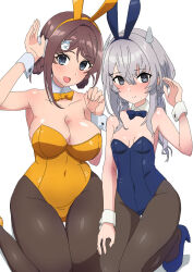 Rule 34 | 2girls, alternate costume, animal ears, bare shoulders, blue eyes, blush, braid, breasts, brown hair, chougei (kancolle), cleavage, comala (komma la), fake animal ears, grey hair, hair ornament, hairband, hairclip, highres, i-201 (kancolle), kantai collection, large breasts, leotard, long hair, looking at viewer, multiple girls, nape braid, open mouth, playboy bunny, rabbit ears, wrist cuffs