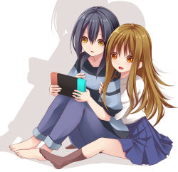 Rule 34 | 2girls, barefoot, black hair, blue pants, blue skirt, brown eyes, brown hair, brown legwear, commentary request, creek (moon-sky), grabbing, grabbing another&#039;s breast, grabbing from behind, hair between eyes, handheld game console, holding, long hair, multiple girls, nintendo switch, no shoes, original, pants, parted lips, playing games, pleated skirt, shirt, simple background, sitting, skirt, socks, striped clothes, striped shirt, very long hair, white background, white shirt, yuri