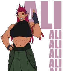 Rule 34 | 1girl, absurdres, ali (sotcho), baggy pants, belt, belt buckle, belt pouch, black horns, breasts, brown belt, buckle, crop top, dark-skinned female, dark skin, dragon girl, earrings, english text, fingerless gloves, gloves, green pants, high ponytail, highres, horns, jewelry, large breasts, looking at viewer, muscular, muscular female, open mouth, original, pants, pointy ears, pouch, red hair, red rope, rope, slit pupils, sotcho, thick eyebrows, thick eyelashes, white background, yellow eyes