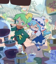 Rule 34 | alternate costume, beanie, black gloves, blue dress, bow, box, cirno, daiyousei, dress, closed eyes, fairy wings, gloves, green eyes, green hair, hair bow, holding hands, hat, highres, ice, ice wings, lamppost, looking at another, moyazou (kitaguni moyashi seizoujo), no nose, orange scarf, scarf, short sleeves, sign, touhou, utility pole, wings, wooden box, yellow bow