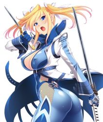 Rule 34 | 00s, 1girl, ass, blonde hair, blue eyes, blush, bodysuit, breasts, center opening, cleavage, coat, collarbone, covered erect nipples, dagger, dual wielding, female focus, fishnets, gloves, hair ribbon, highres, holding, huge ass, jacket, knife, large breasts, lilith-soft, long hair, long sleeves, looking at viewer, looking back, ninja, nipples, no bra, official art, open clothes, open coat, open mouth, pointy ears, reverse grip, ribbon, shinganji kurenai, shiny clothes, short twintails, simple background, skin tight, solo, sword, taimanin (series), taimanin asagi, taimanin kurenai, thighs, trench coat, turtleneck, twintails, twisted torso, weapon, white background, zol