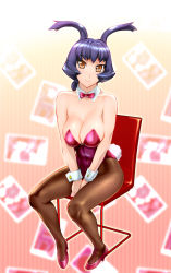 Rule 34 | 1girl, animal ears, bare shoulders, blue hair, bow, bowtie, breasts, chair, cleavage, detached collar, fake animal ears, female focus, highres, large breasts, legs, looking at viewer, orange eyes, original, pantyhose, playboy bunny, purple hair, rabbit ears, rabbit tail, shoes, short hair, sitting, smile, solo, tail, ueyama michirou, v arms, wrist cuffs