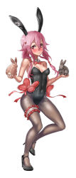Rule 34 | 10s, 1girl, animal, animal ears, bare shoulders, blush, bow, bowtie, breasts, rabbit, cleavage, detached collar, fake animal ears, fishnets, guilty crown, hair ornament, hairclip, high heels, long hair, mascot (4chan), pantyhose, pink hair, playboy bunny, rabbit ears, red eyes, small breasts, solo, twintails, yuzuriha inori
