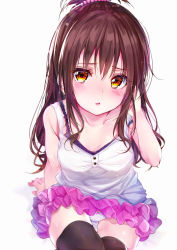 Rule 34 | 1girl, arm behind back, black thighhighs, blush, bra, brown eyes, brown hair, commentary request, hand in own hair, highres, leaning forward, long hair, looking at viewer, miniskirt, open mouth, panties, pantyshot, pink skirt, purple bra, rouka (akatyann), shirt, simple background, sitting, skirt, solo, strap slip, tank top, thigh gap, thighhighs, to love-ru, topknot, underwear, upskirt, white background, white panties, white shirt, yuuki mikan