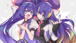 Rule 34 | 2girls, \m/, black shirt, blue eyes, blue hair, commentary, dual persona, eel hat, eighth note, facial tattoo, fang, grin, highres, jacket, long hair, looking at viewer, multiple girls, musical note, musical note print, nail polish, necktie, open mouth, otomachi una, own hands together, pink neckwear, purple headwear, purple nails, purple vest, school uniform, shirt, short sleeves, signature, smile, star (symbol), starry background, tattoo, twintails, upper body, very long hair, vest, vocaloid, wanaxtuco, white jacket, white shirt