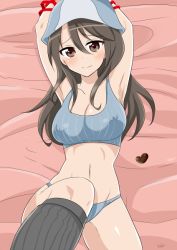 Rule 34 | 10s, 1girl, aburahana, armpits, arms up, blue hat, bra, breasts, brown eyes, brown hair, cleavage, covered erect nipples, girls und panzer, hat, instrument, kantele, long hair, looking at viewer, mika (girls und panzer), navel, smile, solo, underwear