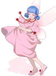 Rule 34 | 1girl, blue hair, closed eyes, dress, fairy, fairy wings, happy, highres, marinette dupain-cheng, miraculous ladybug, open mouth, pink dress, pink footwear, seio (nao miragggcc45), short twintails, simple background, smile, solo, twintails, white background, wings