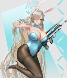 Rule 34 | 1girl, animal ears, assault rifle, asuna (blue archive), asuna (bunny) (blue archive), blue archive, blue bow, blue bowtie, blue eyes, blue leotard, blue ribbon, bow, bowtie, breasts, brown pantyhose, bullpup, chromatic aberration, cleavage, commentary request, detached collar, fake animal ears, famas, foot out of frame, gloves, grin, gun, hair over one eye, hair ribbon, hairband, halo, hand in own hair, hands up, high heels, highleg, highleg leotard, highres, holding, holding gun, holding weapon, large breasts, legs folded, leotard, light brown hair, long hair, mole, mole on breast, official alternate costume, one eye covered, pantyhose, playboy bunny, rabbit ears, ribbon, rifle, shtauffen, smile, solo, strapless, strapless leotard, thighband pantyhose, traditional bowtie, very long hair, weapon, white gloves, white hairband