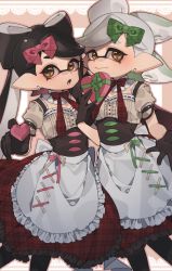 Rule 34 | + +, 2girls, absurdres, apron, back bow, black bow, black bowtie, black dress, black gloves, black hair, black legwear, bow, bowtie, box, brown eyes, callie (splatoon), closed mouth, commentary, cousins, dress, earrings, english text, frilled apron, frills, gift, gift box, gloves, green bow, green bowtie, grey hair, hair bow, heart-shaped box, highres, holding, holding gift, inkling, jewelry, long hair, looking at viewer, marie (splatoon), medium dress, medium hair, mole, mole under eye, multiple girls, nintendo, open mouth, pantyhose, pointy ears, prat rat, purple bow, short sleeves, side-by-side, skirt hold, smile, splatoon (series), standing, swept bangs, tentacle hair, valentine, very long hair, waist apron, white apron, white bow