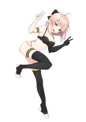 Rule 34 | 1girl, :d, ahoge, armband, bare shoulders, bikini, black bikini, black bow, black gloves, black thighhighs, bow, breasts, cleavage, double v, elbow gloves, fate/grand order, fate (series), full body, gloves, hair bow, hands up, highres, leg up, looking at viewer, medium breasts, misora deco, okita j. souji (fate), okita j. souji (first ascension) (fate), okita souji (fate), okita souji (koha-ace), open mouth, pink hair, short hair, simple background, single elbow glove, single glove, smile, solo, swimsuit, thigh strap, thighhighs, toeless legwear, v, white background, yellow eyes