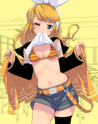 Rule 34 | 1girl, aged up, alternate hair length, alternate hairstyle, bad id, bad pixiv id, bikini, bikini top only, blonde hair, blue eyes, bow, breasts, cleavage, clothes lift, hair bow, hair ornament, hairclip, kagamine rin, kouno (masao), long hair, mouth hold, navel, one eye closed, shirt lift, shorts, single thighhigh, solo, striped bikini, striped clothes, swimsuit, thighhighs, towel, vocaloid, wink