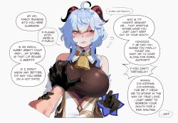 Rule 34 | 1boy, 1girl, ahoge, bare shoulders, bell, black gloves, blue hair, blush, grabbing another&#039;s breast, breasts, collarbone, cowbell, english text, foreshortening, ganyu (genshin impact), genshin impact, gloves, goat horns, grabbing, groping, hair between eyes, hair intakes, hand on another&#039;s arm, highres, horns, large breasts, looking away, nyantcha, parted lips, red lips, simple background, solo focus, sweat, tartaglia (genshin impact), tearing up, text focus, upper body, white background