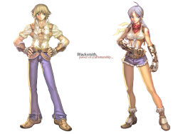 Rule 34 | 1boy, 1girl, abs, ahoge, armor, belt, blacksmith, blacksmith (ragnarok online), blue eyes, blue hair, boots, breasts, brown eyes, cleavage, denim, denim shorts, earrings, elbow gloves, fingerless gloves, front-tie top, full body, gloves, hands on own hips, heart, jeans, jewelry, large breasts, legs, light brown hair, long hair, midriff, muscular, navel, official art, pants, ragnarok online, scarf, shorts, simple background, standing, tattoo, underboob