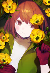 Rule 34 | 1other, blush, brown eyes, brown gloves, brown hair, buttercup (flower), chara (storyshift), chara (undertale), closed mouth, flower, gloves, green jacket, hand up, highres, jacket, looking to the side, medium hair, mero sha, shirt, smile, solo, storyshift, undertale, upper body, white shirt, yellow flower