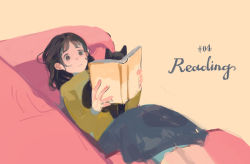 Rule 34 | 1girl, :|, animal, animal on chest, black cat, black eyes, black hair, book, cat, clea (geee13), closed mouth, couch, english text, expressionless, green sweater, hands up, holding, holding book, indoors, legs up, long sleeves, lying, medium hair, mole, mole under eye, no lineart, on back, open book, original, reading, shadow, skirt, sweater, tareme, turtleneck, yellow background