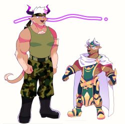 Rule 34 | 2boys, animal ears, bara, brown fur, camouflage, camouflage headwear, camouflage pants, chest hair, cow ears, cow horns, eye contact, furry, furry male, green tank top, height conscious, height difference, highres, horns, lisuchi, looking at another, male focus, marduk (housamo), minotaur, multiple boys, muscular, muscular male, pants, pectorals, pelvic curtain, purple eyes, purple horns, shennong (housamo), short hair, size difference, tank top, tokyo houkago summoners, white hair