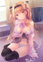 Rule 34 | 1girl, bare shoulders, black thighhighs, blue panties, blush, bow, bowtie, breasts, brown eyes, brown hair, cleavage, clothes lift, collarbone, computer, controller, curtains, game console, grey skirt, groin, hair between eyes, hair ornament, hair ribbon, hairband, hairclip, head tilt, heart, heart hair ornament, highres, indoors, kinokomushi, large breasts, lifted by self, light particles, long hair, long sleeves, looking at viewer, monitor, no bra, off shoulder, open mouth, original, panties, pink shirt, plaid, plaid skirt, pleated skirt, purple bow, purple bowtie, ribbon, shirt, sidelocks, sitting, skindentation, skirt, skirt lift, smile, solo, tareme, thighhighs, thighs, two side up, underwear, window, xbox one, yokozuwari
