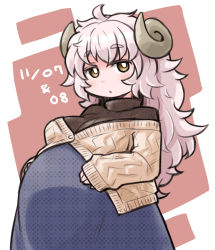 Rule 34 | 1girl, :o, abstract background, big belly, brown eyes, dated, grey hair, hand on own stomach, highres, horns, kugelschreiber, long hair, looking at viewer, messy hair, original, pregnant, sheep girl, sheep horns, skirt, solo, turtleneck