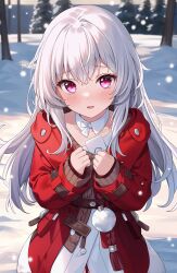 Rule 34 | 1girl, blush, brown sweater, clara (honkai: star rail), coat, collarbone, commentary, day, detached collar, english commentary, frown, fur-trimmed coat, fur-trimmed jacket, fur trim, grey hair, hands up, highres, hitsukuya, honkai: star rail, honkai (series), jacket, long hair, long sleeves, looking at viewer, open clothes, open jacket, outdoors, parted lips, pine tree, pink eyes, pom pom (clothes), puffy long sleeves, puffy sleeves, purple eyes, red coat, red jacket, shirt, simple background, snow, snowing, solo, sweater, tree, very long hair, white background, white coat, white hair, white shirt, wing collar