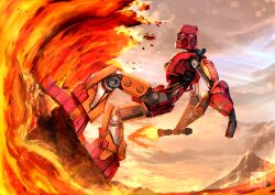 Rule 34 | absurdres, bionicle, cloud, cloudy sky, flaming sword, flaming weapon, highres, holding, holding sword, holding weapon, humanoid robot, kanohi (bionicle), kozsen 810290, lava, mask, pink eyes, robot, rock, sky, solo, sunlight, surfing, sword, tahu (bionicle), the lego group, volcano, waves, weapon