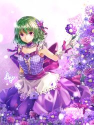 Rule 34 | 1girl, alternate costume, alternate eye color, arms at sides, bad id, bad pixiv id, bare shoulders, bug, butterfly, butterfly hair ornament, collarbone, dress, field, flower, flower field, gloves, green hair, hair ornament, highres, insect, kazami yuuka, looking at viewer, plaid, plaid shirt, purple dress, purple eyes, purple flower, purple rose, ribbon, rose, shironeko yuuki, shirt, short hair, solo, touhou, white gloves