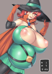 Rule 34 | 1girl, areola slip, blush, breasts, cape, chunsoft, dragon quest, dragon quest iii, earrings, elbow gloves, enix, gigantic breasts, gloves, hat, inflation, jewelry, long hair, mage (dq3), nagase haruhito, nipple slip, nipples, open mouth, puffy nipples, red eyes, red hair, shiny skin, stomach bulge, witch hat