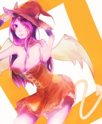 Rule 34 | 1girl, angel wings, bare shoulders, breasts, cleavage, colored skin, demon tail, dress, fingerless gloves, gloves, hat, league of legends, leaning forward, long hair, morgana (league of legends), pointy ears, purple eyes, purple hair, purple skin, red dress, smile, solo, star tattoo, tail, tattoo, wings, witch hat, xiao jian