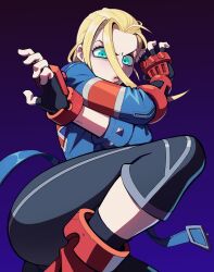 Rule 34 | 1girl, ahoge, aisendraw, angry, aqua eyes, blonde hair, cammy white, gloves, gradient background, highres, jacket, leggings, looking at viewer, one leg raised, purple background, street fighter, street fighter 6