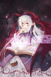 Rule 34 | 1girl, book, demon wings, dress, frills, gathers, horns, light particles, long hair, lowres, magic circle, markings, nail polish, pointy ears, purple eyes, snowing, solo, sword girls, white hair, wings