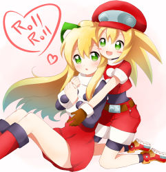 Rule 34 | 2girls, blonde hair, blush, blush stickers, boots, capcom, dual persona, gloves, green eyes, hair ribbon, hat, highres, knee boots, mega man (classic), mega man (series), mega man legends (series), multiple girls, mushuu, open mouth, red shorts, red skirt, ribbon, roll (mega man), roll caskett (mega man), shorts, skirt, smile, white background