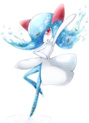 Rule 34 | 1girl, alternate color, arm up, blue hair, bubble, creatures (company), female focus, fish, full body, game freak, gen 3 pokemon, goldfish, hair over one eye, hand up, happy, highres, kirlia, leg up, muguet, nintendo, no humans, open mouth, pokemon, pokemon (creature), red eyes, ripples, shiny pokemon, simple background, smile, solo, standing, standing on one leg, water, white background