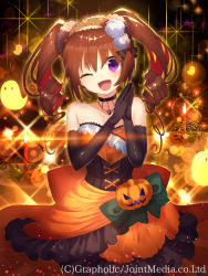 Rule 34 | 1girl, ;d, bad id, bad pixiv id, bare shoulders, black gloves, bow, brown hair, candle, choker, dress, drill hair, elbow gloves, flower, frilled dress, frills, ghost, gloves, hair flower, hair ornament, hairband, halloween, head tilt, highres, jack-o&#039;-lantern, jewelry, light particles, lolita hairband, looking at viewer, official art, one eye closed, open mouth, own hands together, priget plus, purple eyes, silk, smile, solo, sparkle, spider web, strapless, strapless dress, table, twin drills, twintails, watermark, yusano