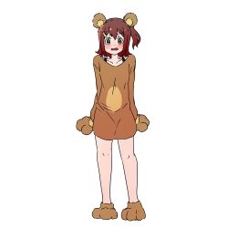 Rule 34 | 1girl, animal costume, animal ears, animal hands, bare legs, bear costume, bear ears, blush, brown dress, brown footwear, brown gloves, brown hair, collarbone, commentary, dot nose, dress, embarrassed, fake animal ears, full body, gloves, hair between eyes, hair ornament, hairclip, highres, idolmaster, idolmaster million live!, kasuga mirai, kelvin1996c, long sleeves, looking at viewer, medium hair, open mouth, paw gloves, paw shoes, side ponytail, sidelocks, solo, standing, thighs, v-shaped eyebrows, white background, yellow eyes