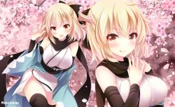 Rule 34 | &gt;:d, 1girl, :d, :q, ahoge, artist name, black thighhighs, blonde hair, bow, breasts, cherry blossoms, fate (series), floral background, hair bow, ichiyou moka, japanese clothes, kimono, koha-ace, looking at viewer, medium breasts, multiple views, okita souji, okita souji (fate), okita souji (koha-ace), open mouth, shinsengumi, short hair, short kimono, smile, steepled fingers, thighhighs, tongue, tongue out, upper body, v-shaped eyebrows, yellow eyes