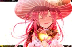 Rule 34 | 1girl, ^ ^, bare shoulders, blush, bow, closed eyes, earrings, elizabeth bathory (fate), elizabeth bathory (fate/extra ccc), elizabeth bathory (third ascension) (fate), fang, fate/grand order, fate (series), hat, holy grail, jewelry, long hair, mizuchaya youkan, pink hair, pointy ears, smile, solo, striped clothes, striped headwear, stuffed animal, stuffed pig, stuffed squirrel, stuffed toy, top hat, upper body, vertical-striped clothes, vertical-striped headwear