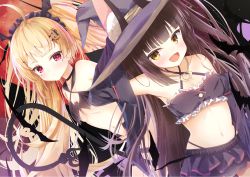 Rule 34 | 2girls, :d, adjusting clothes, adjusting headwear, ahoge, alternate costume, animal ears, armpits, azur lane, bare shoulders, bat (animal), bat wings, black hair, blonde hair, choker, collarbone, commentary request, demon tail, detached sleeves, eldridge (azur lane), facial mark, flat chest, fox ears, frilled skirt, frills, hair ornament, hairband, halloween, halloween costume, hat, highres, jack-o&#039;-lantern, jack-o&#039;-lantern hair ornament, jewelry, long hair, looking at viewer, madotsukumo, midriff, multiple girls, nagato (azur lane), navel, necklace, open mouth, peeking out, pleated skirt, red eyes, skirt, smile, tail, twintails, wings, witch hat, yellow eyes
