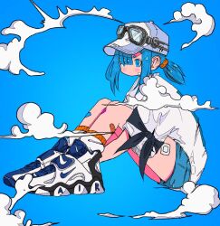 Rule 34 | 1girl, asymmetrical bangs, baseball cap, blue background, blue eyes, blue hair, blue shorts, closed mouth, cloud, from side, full body, goggles, goggles on headwear, hair over one eye, hat, highres, knees up, legs together, light blush, long bangs, medium hair, nao97122, nike (company), original, revision, shirt, shoes, short ponytail, short sleeves, shorts, sidelocks, simple background, sitting, sneakers, socks, solo, white footwear, white hat, white shirt, white socks